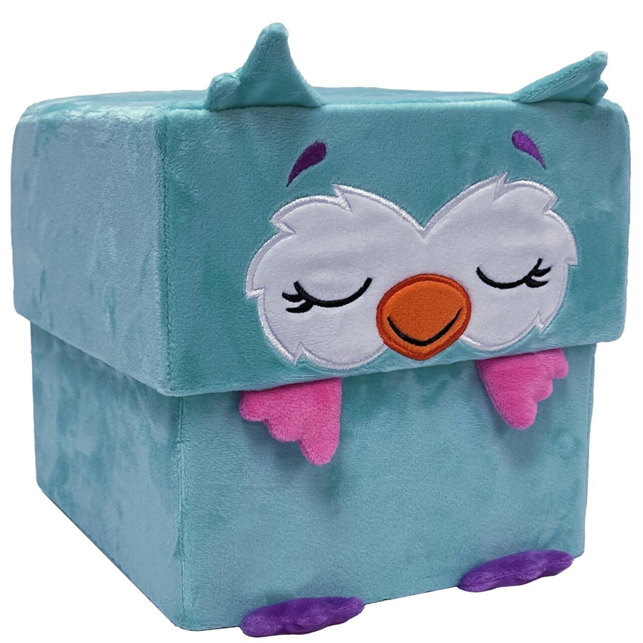 Happy Nappers: Adorable Storables - Owl - Teal & Pink - 8” Character Box & Surprise 8” Plush Toy w/ Weighted Paws, Square Storage Bin, Kids Age 1+